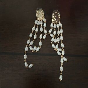 Anthropologie Cascading Pearl Fringe Drop Earrings, Gold